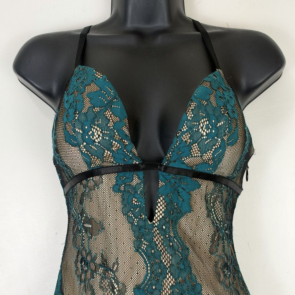 bebe Lace Mini Dress Sz 2 Teal Black Nude Floral Y2K Lingerie Romantic Coquette - Picture 3 of 12
